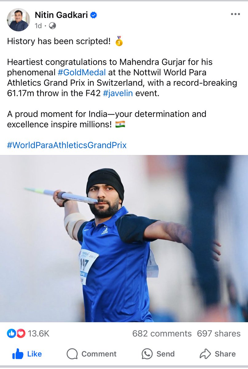 Mahendra gurjar (@mahendr_javelin) on Twitter photo New world record f42 javelin throw 61.17m
<a href="/OGQ_India/">OGQ</a> <a href="/GoSportsVoices/">GoSports Foundation</a> <a href="/Ra_THORe/">Col Rajyavardhan Rathore</a> <a href="/SachinPilot/">Sachin Pilot</a> <a href="/BhajanlalBjp/">Bhajanlal Sharma</a> <a href="/AshokChandnaINC/">Ashok Chandna</a> New world record f42 javelin throw 61.17m
<a href="/OGQ_India/">OGQ</a> <a href="/GoSportsVoices/">GoSports Foundation</a> <a href="/Ra_THORe/">Col Rajyavardhan Rathore</a> <a href="/SachinPilot/">Sachin Pilot</a> <a href="/BhajanlalBjp/">Bhajanlal Sharma</a> <a href="/AshokChandnaINC/">Ashok Chandna</a>