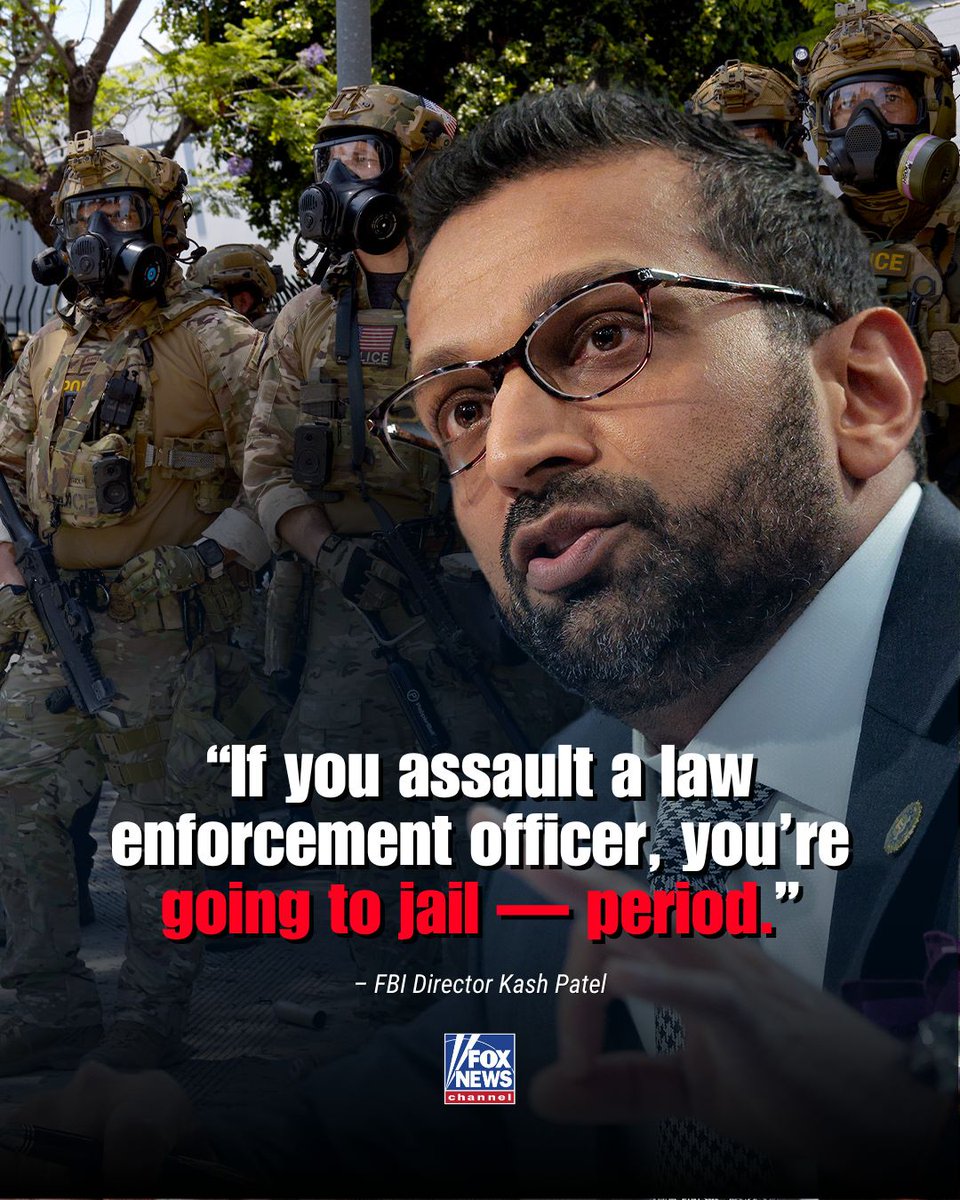 FoxNews's tweet photo. BACKING THE BLUE: @FBIDirectorKash sends a clear warning to Los Angeles rioters who dare to attack law enforcement. https://t.co/mpVTb0endm