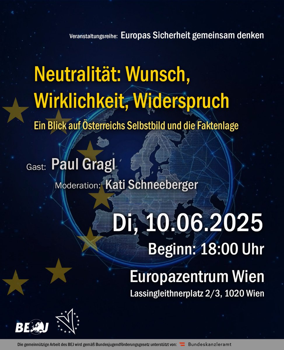 Vienna goes Europe 🇪🇺 (@viegoeu) on Twitter photo "Neutralität: Wunsch, Wirklichkeit, Widerspruch"
<a href="/KatiSchneeberg1/">Kati Schneeberger 🇪🇺</a>
spricht mit dem Professor für Europarecht <a href="/PaulGragl/">Paul Gragl 🇺🇦 🇪🇺</a> am Di, 10.6. | 18 Uhr - Europazentrum Wien Veranstaltungsreihe "Europas Sicherheit gemeinsam denken" - Herzliche Einladung! "Neutralität: Wunsch, Wirklichkeit, Widerspruch"
<a href="/KatiSchneeberg1/">Kati Schneeberger 🇪🇺</a>
spricht mit dem Professor für Europarecht <a href="/PaulGragl/">Paul Gragl 🇺🇦 🇪🇺</a> am Di, 10.6. | 18 Uhr - Europazentrum Wien Veranstaltungsreihe "Europas Sicherheit gemeinsam denken" - Herzliche Einladung!