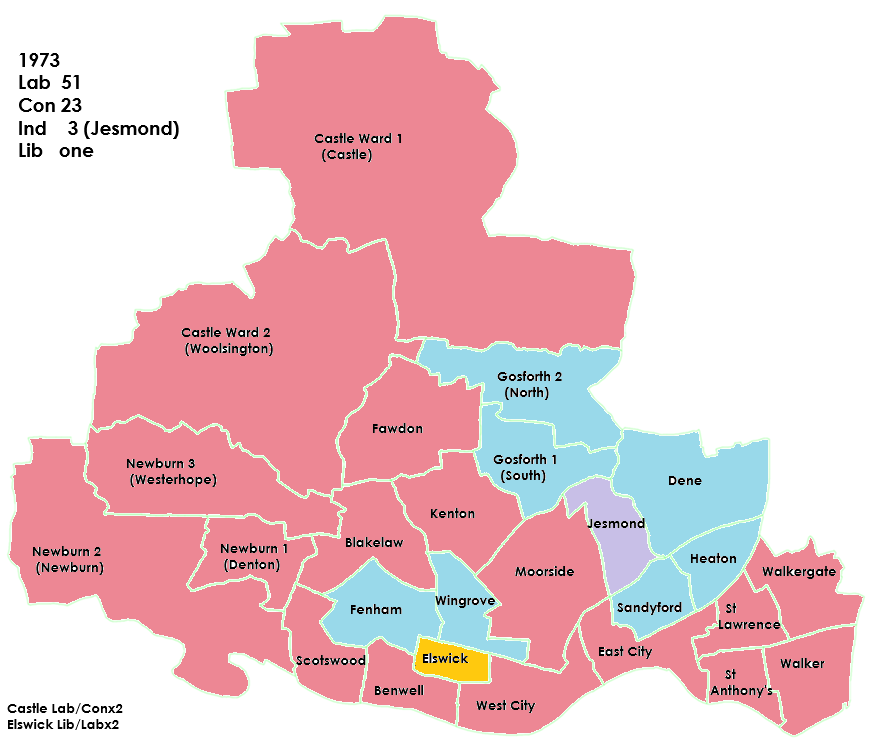 david_glan43574's tweet photo. Newcastle MB, 1973/75. The city gained Gosforth UD, Newburn UD  and part of Castle Ward RD. No surprise that Labour took control especially as all the Tory aldermen were abolished. https://t.co/a0F6qUTW2M