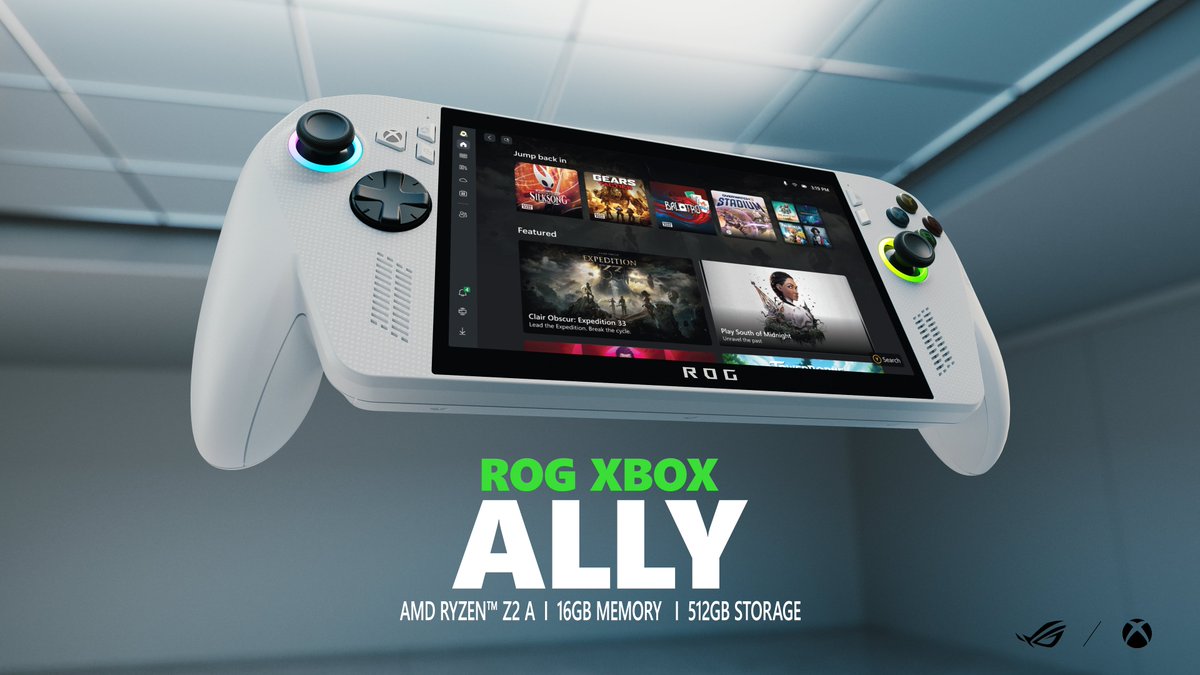 The ROG Xbox Ally is shown floating in a sleek and minimalist setting. The Xbox and ROG logos are shown above. Underneath text reads: "ROG XBOX ALLY. AMD Ryzen Z2 | 16GB Memory | 512GB Storage"