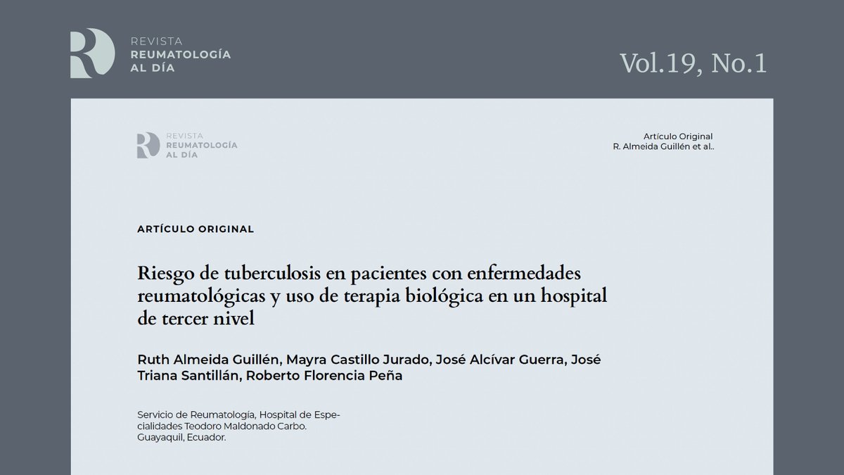 Alta tasa de incidencia de reactivación de TB. Factores de riesgo observados: sexo masculino, terapia inmunosupresora, uso de Anti TNF monoclonal, enfermedad pulmonar intersticial y presencia de infecciones como HIV/SIDA
Artículo completo: reumatologiaaldia.com/index.php/rad/…
<a href="/SERECUADOR1/">Sociedad Ecuatoriana de Reumatología</a>