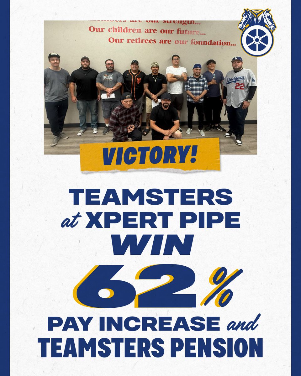 Teamsters's tweet image. Workers at Xpert Pipe in Henderson, Nev., have overwhelmingly ratified their first Teamsters contract, securing a 62 percent wage increase, comprehensive Teamsters health care, and the security of a defined benefit pension plan.

The workers, represented by Local 631, provide…