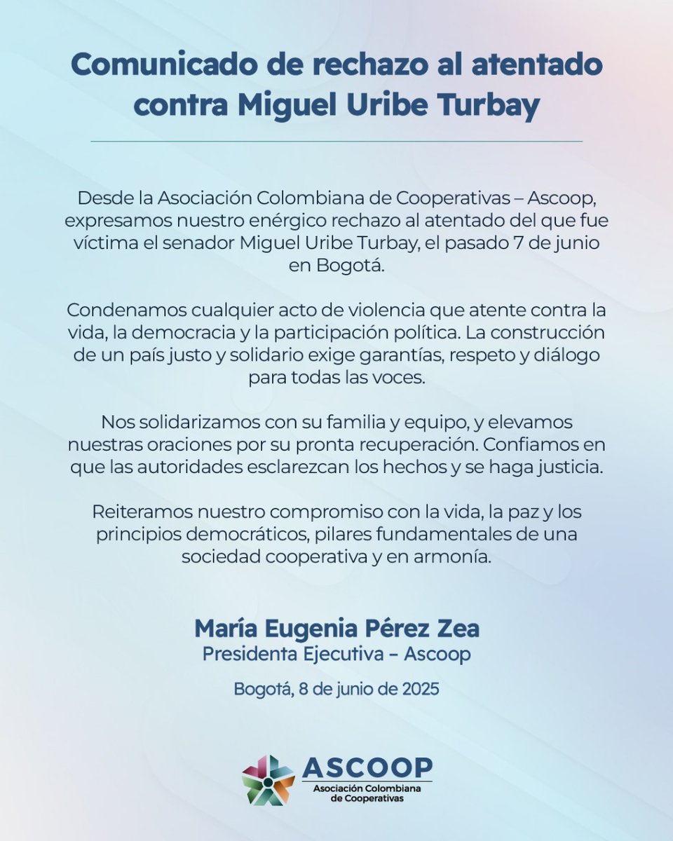 Desde Ascoop, rechazamos de manera enfática el atentado perpetrado contra el senador Miguel Uribe Turbay.
Expresamos nuestra solidaridad con el senador, su familia y su equipo.

#Ascoop  #MiguelUribeTurbay