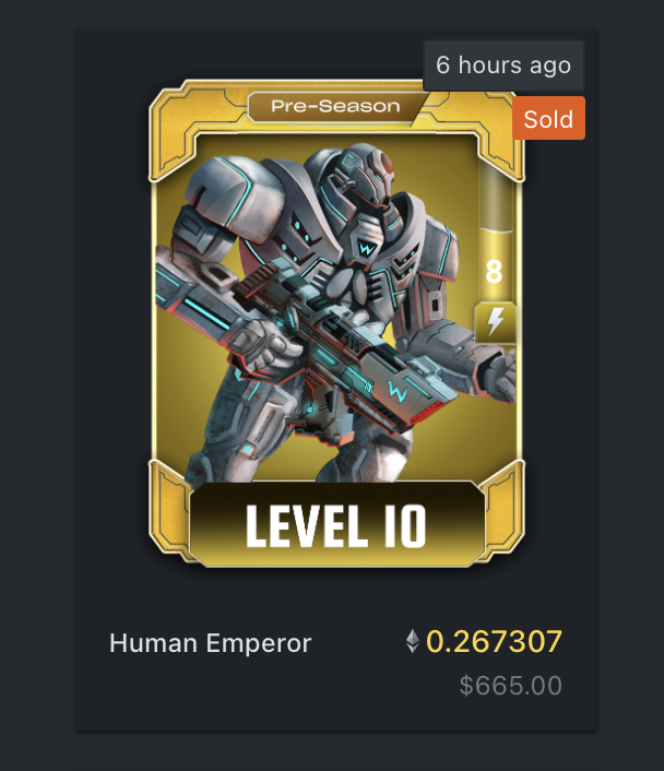 NiFeWARS's tweet photo. Check out this LEGENDARY LEVEL 10 Human Emperor sold today for $665! 😱

Let's break it down.

Someone got this hero card during the previous season for FREE by playing WAGMI Defense. Upgraded it, played it, had fun with it.

Now that we've moved to the next season, the only place to get this card is from a player that obtained it during the previous season.

We’ve built a fun and sustainable ecosystem where you own & can sell your digital assets!