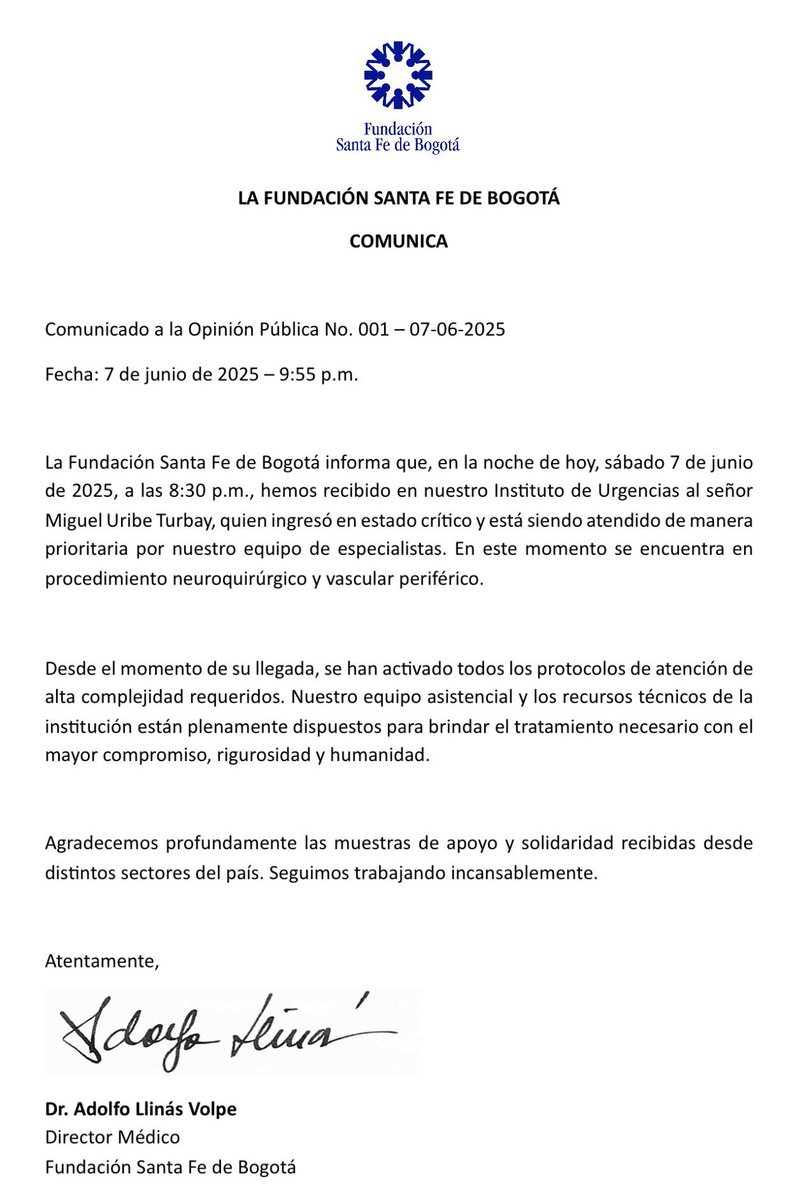 Manuel Ferreira González (@manuelferreirag) on Twitter photo Con el corazón apretado y la voz firme, manifiesto nuestra indignación ante el nefasto atentado contra el precandidato presidencial Miguel Uribe Turbay (<a href="/MiguelUribeT/">Miguel Uribe</a>).
No hay causa ni diferencia que justifique el intento de silenciar una vida a balazos. Lo ocurrido en #Bogotá Con el corazón apretado y la voz firme, manifiesto nuestra indignación ante el nefasto atentado contra el precandidato presidencial Miguel Uribe Turbay (<a href="/MiguelUribeT/">Miguel Uribe</a>).
No hay causa ni diferencia que justifique el intento de silenciar una vida a balazos. Lo ocurrido en #Bogotá
