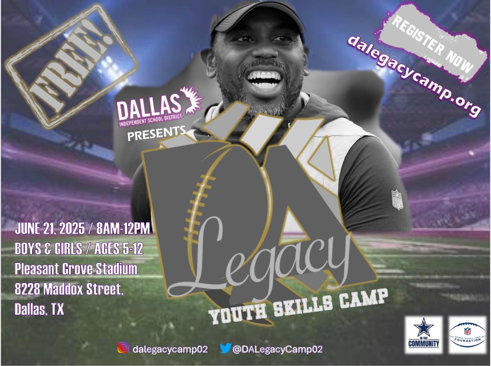Hosting our camp at home is a true blessing. Thanks to the NFL Foundation’s youth football camp grant for making this possible and providing almost $1 million to over 400 players, legends and coaches to host camps across the world this summer. To Register: dalegacycamp.org