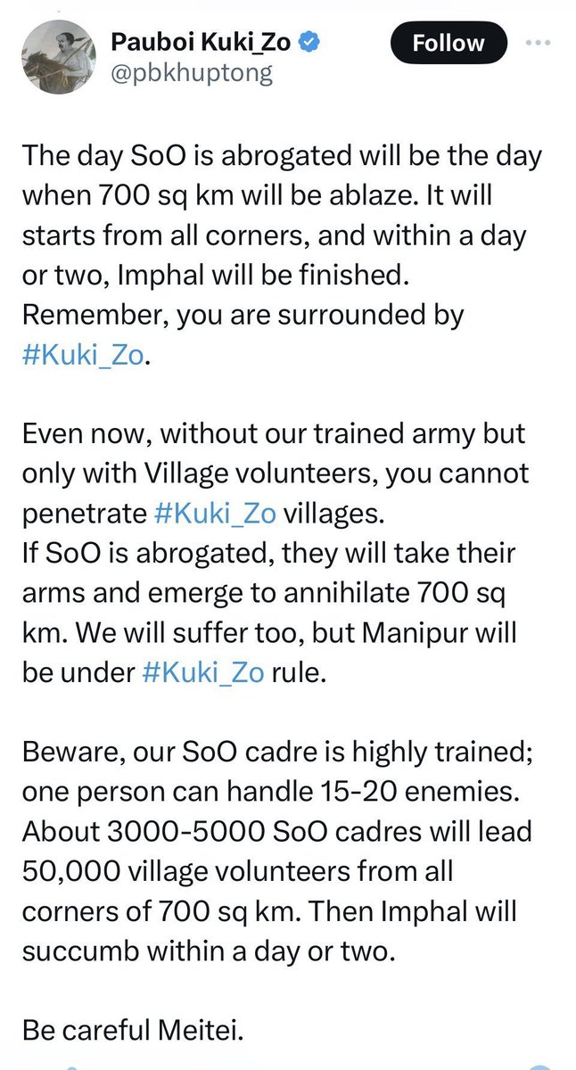 <a href="/pbkhuptong/">Pauboi</a> <a href="/rashtrapatibhvn/">President of India</a> <a href="/RajBhavManipur/">RAJ BHAVAN MANIPUR</a> Pauboi threatened to overrun and set ablaze  Imphal in couple of days using SOO militants. Now he is acting like a saint.