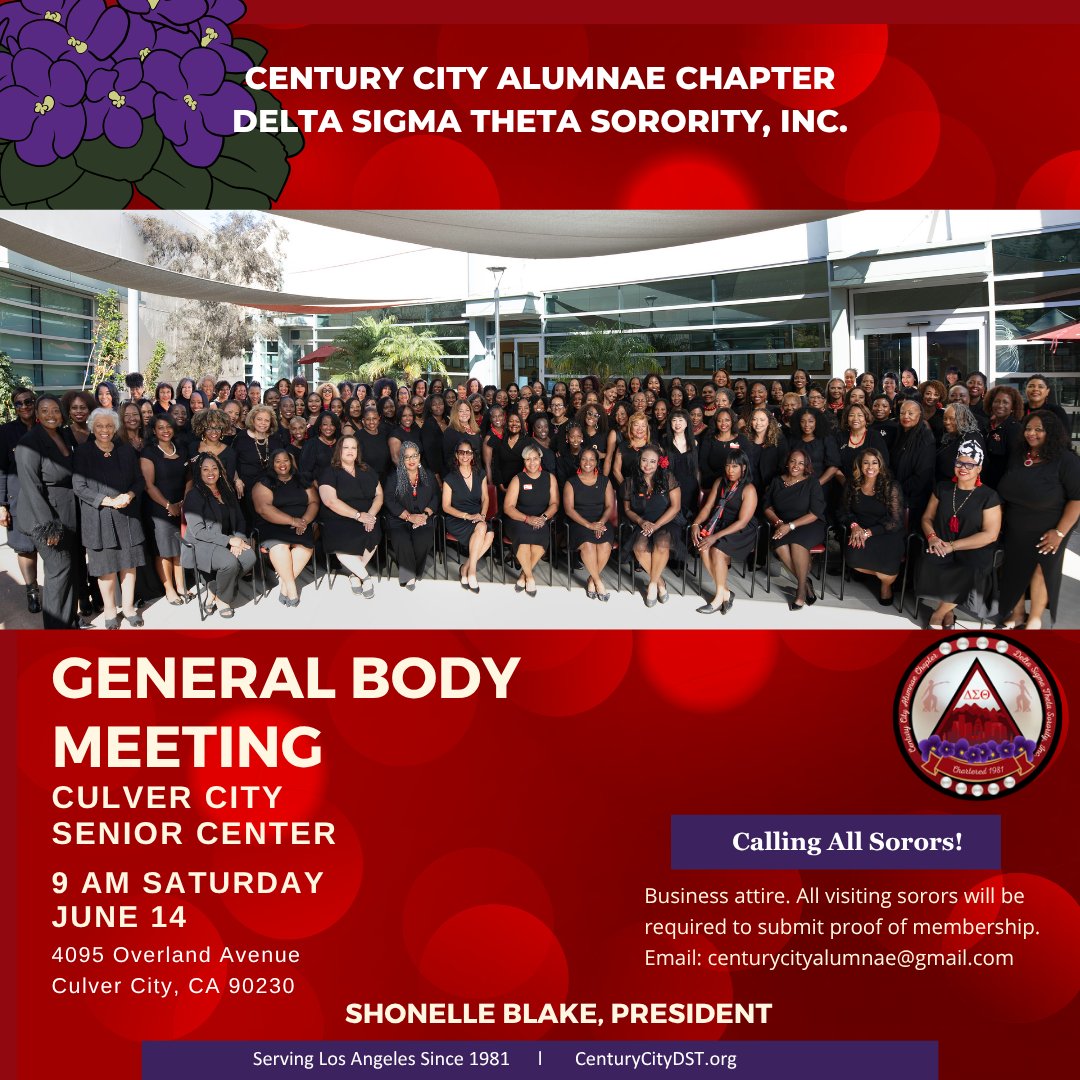 Sorors - join us for the last business meeting of the year. There's a place for your voice and your dedication to service at the award-winning Century City Alumnae. The meeting is June 14 at 9 am at the Culver City Senior Center, 4095 Overland Ave, Culver City, CA 90230.