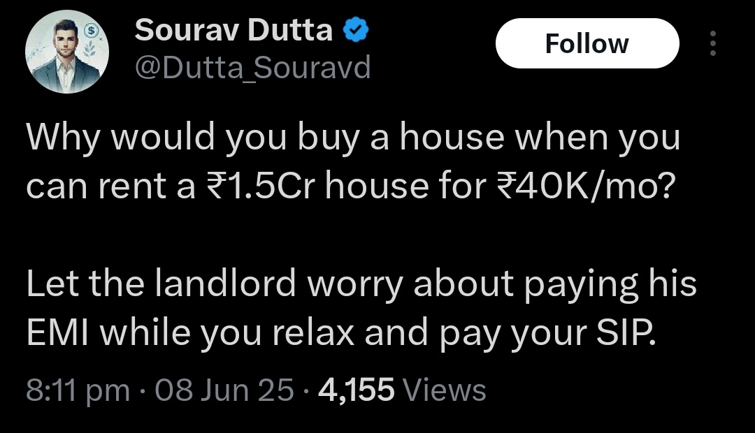 mainbhiengineer's tweet photo. One day your Landlord will call you and tell you to increase rent by 50% or leave and you've a pregnant wife or unwell parents at home. That day you will realise that having own home to stay is much more valuable than SIP and CAGR calculation on excel sheet. https://t.co/btO8C8gQ84
