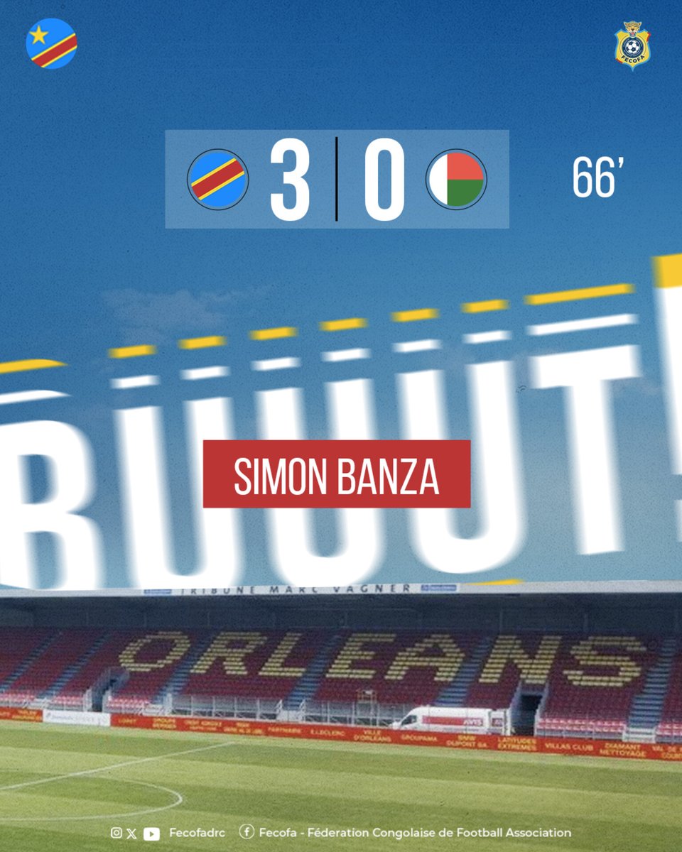 | 𝐀𝐦𝐢𝐜𝐚𝐥 𝐈𝐧𝐭𝐞𝐫𝐧𝐚𝐭𝐢𝐨𝐧𝐚𝐥 🇨🇩⚔️🇲🇬 |

⚽️ BUUTT  66' | Doublé pour Simon Banza qui alourdi le score en faveur des Léopards 🐆 

🏁 RD Congo 🇨🇩 vs 🇲🇬 Madagascar
⏱️ 66'  3-0

#AllezLesLéopards 💪🏽 #RDCMAD #FecofaRDC #MatchDay
