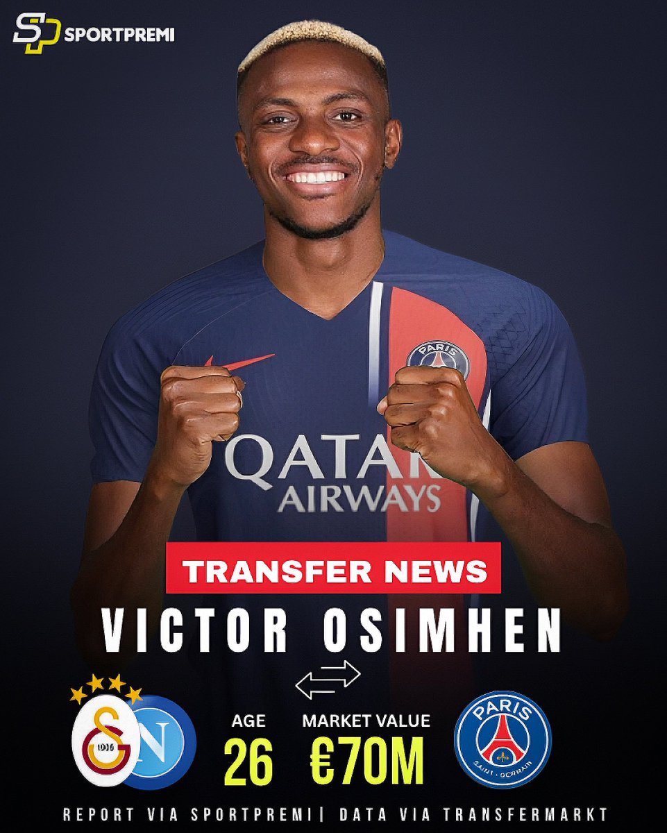 SportPremi's tweet photo. 🚨 𝗕𝗥𝗘𝗔𝗞𝗜𝗡𝗚: PSG are back in talks with Victor Osimhen after he rejected a move to Al Hilal.

They agreed personal terms with him last year, but couldn’t agree a fee with Napoli.

Talks are back on. 🔁🇳🇬 https://t.co/edaj407Dsi