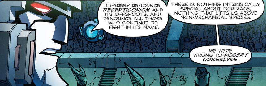 A reminder that Decepticonism is about xenophobia.

When thats the FIRST thing he talks about after renouncing it, that tells you in no uncertain terms that Xenophobia/Technoism are the *POINT* of it.