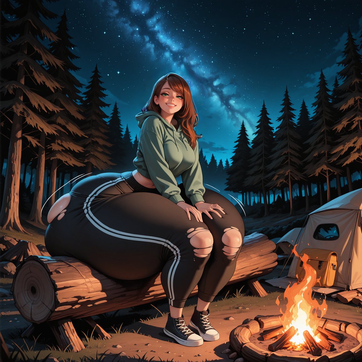 Sure she ate all the smores before you finished setting up camp but who could stay mad at her.

(Actually super happy with this pic 😊)
#AIart