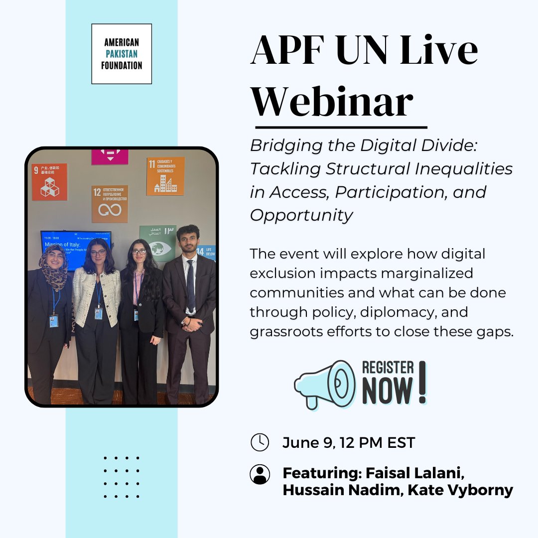 Don't forget to register for the APF UN Webinar, featuring Kate Vyborny, Faisal Lalani, and Hussain Nadim to explore how digital exclusion impacts marginalized communities and what communities and governments can do to bridge this gap. 

Register now at: us02web.zoom.us/webinar/regist…