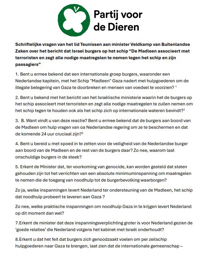 Ct_teunissen's tweet image. Israël bedreigt de opvarenden van de "Madleen", burgers die voedsel willen brengen naar Gaza. Onder de burgers is een Nederlandse kapitein. Grote zorgen over hun veiligheid. Minister Veldkamp opgeroepen tot onmiddellijke actie. Nederland moet bescherming bieden.