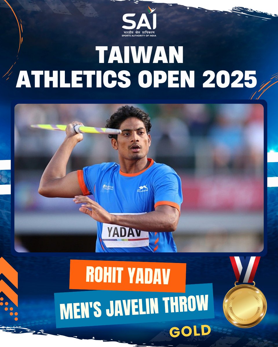 Media_SAI's tweet photo. Golden day for India on the concluding day of the Taiwan #Athletics Open!🥳
🥳
Indian athletics stars clinched a total of 10 medals🏅 on the final day of the Taiwan Athletics Open.

Meet our medallists👇🏻

Rohit Yadav: Gold🥇 in Men's Javelin Throw with a throw of 74.42m

Vithya Ramraj: Gold🥇 in Women's 400m Hurdles, clocking 56.63s

Pooja: Gold🥇 in Women's 800m, clocking 2:02.79, setting a meet record

Krishan Kumar: Gold🥇 in Men's 800m, clocking 1:48.46, setting a meet record

Annu Rani: Gold🥇 in Women's Javelin Throw with a throw of 56.82m

Santhosh T, Dharmveer, Vishal TK & Manu TS: Gold🥇 in Men's 4x400m Relay, clocking 3:05.58, setting a meet record

Yashas Palaksha: Silver🥈 in Men's 400m Hurdles, clocking 49.22s, improving his personal best

Twinkle Chaudhary: Silver🥈 in Women's 800m, clocking 2:06.96

Shaili Singh: Silver🥈 in Women's Long Jump with a leap of 6.41m

Ancy Sojan: Bronze🥉 in Women's Long Jump with a leap of 6.39m

#IndianAthletics #GameOn #Sports