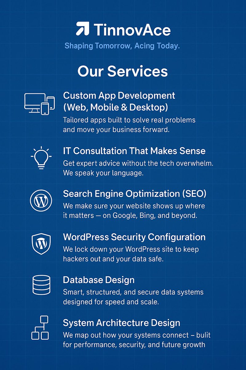 TinnovAce's tweet photo. Smart apps for web, mobile &amp; desktop — built to move your business forward.
We also offer:

🔐 WordPress Security
🔍 SEO
🗄️ Database Design
🧱 System Architecture
🧠 IT Consultation
📩 contact@tinnovace.tech
🌐 https://t.co/ijDogY0OmH

#TinnovAce #TechMadeSimple https://t.co/iiP5xZiTq1
