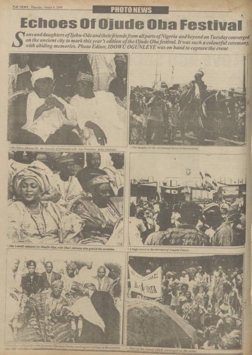 THINK YORUBA FIRST (@thinkyoruba_1st) on Twitter photo Ojude Oba in 2000 had the then Alaafin Lamidi Olayiwola Adeyemi III, Vice President Alh. Atiku Abubakar, and other dignitaries in attendance.
This paper is an Echo from the past.
Long live the Awujale of Ijebu land.
Long live the Yoruba race.
Credit at <a href="/orukusuku/">'Bimbรฒ รsanubi</a> Ojude Oba in 2000 had the then Alaafin Lamidi Olayiwola Adeyemi III, Vice President Alh. Atiku Abubakar, and other dignitaries in attendance.
This paper is an Echo from the past.
Long live the Awujale of Ijebu land.
Long live the Yoruba race.
Credit at <a href="/orukusuku/">'Bimbรฒ รsanubi</a>