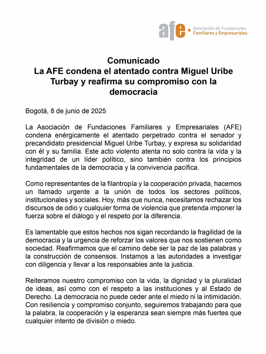 Comunicado: La AFE condena atentado contra Miguel Uribe Turbay y reafirma su compromiso con la democracia