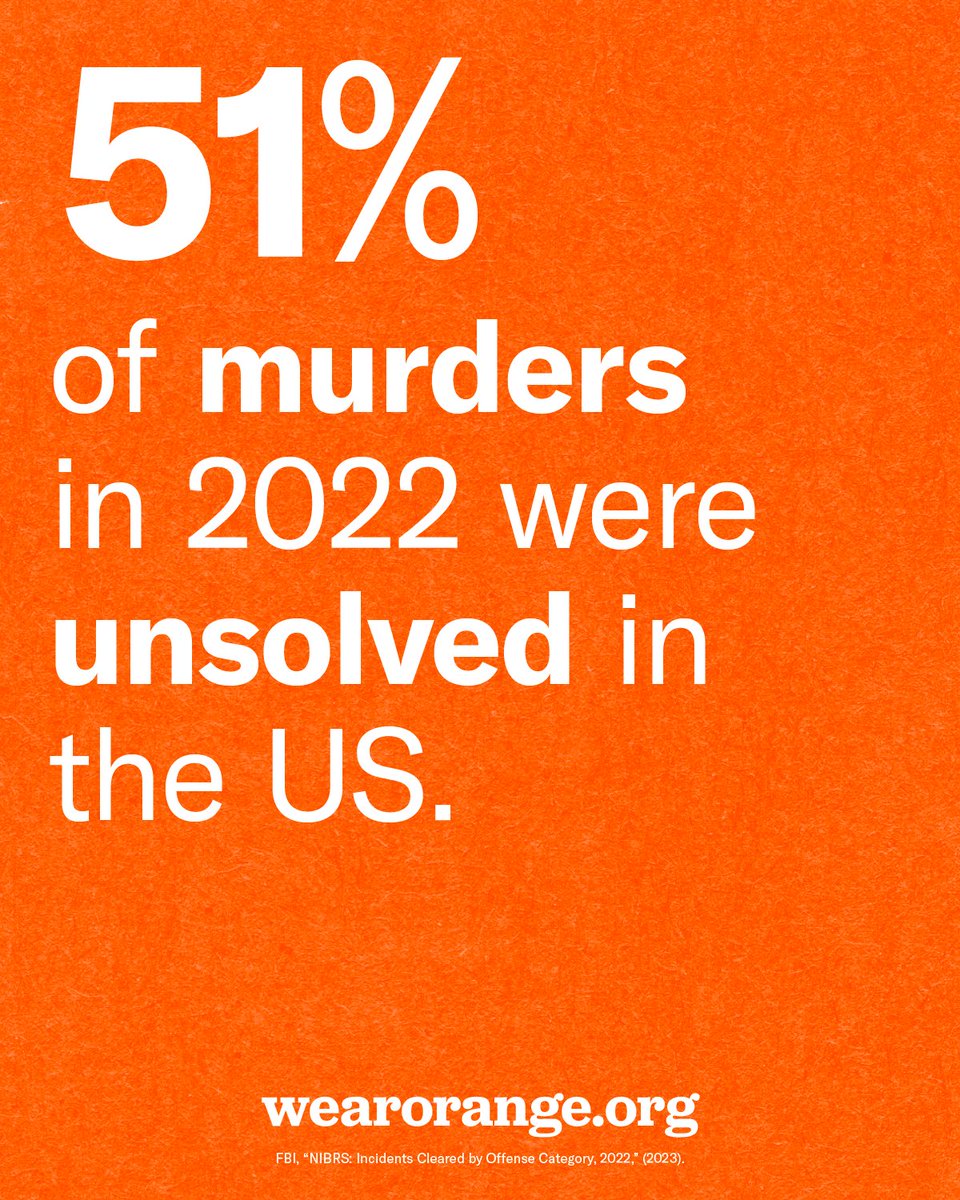 Everytown's tweet image. Every day, 52 people are killed in gun homicides—one every 28 minutes. More than half of murders in the US go unsolved.
We #WearOrange this weekend to honor those whose loved ones never received justice.