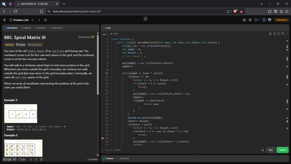 Day 41 of DSA Using Java 🚀   

Problems on Arrays on Leetcode :   
Tried Solving 885. Spiral Matrix III
will use a different approach next time

leetcode.com/u/ayushpathak4…… #DSAWithKunal #60DaysOfDSA #CodingCommunity #BuildInPublic #Java
