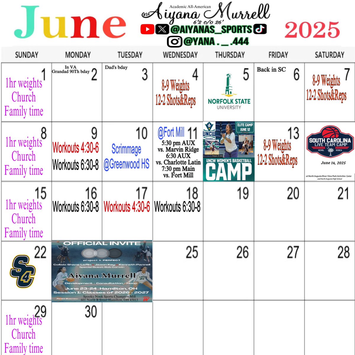 Aiyana Murrell (@aiyanas_sports) on Twitter photo Not completed yet but where you can find me . Subject to change by adding events an visits.
July schedule TBD …
<a href="/CoachJayeDavid/">John David Edwards</a> <a href="/legiongirlsbb/">Lady Lancer Hoops</a> <a href="/InsiderExposure/">InsiderExposure</a> <a href="/PGH_SCarolina/">Prep Girls Hoops South Carolina</a> <a href="/a1hoopsreport/">A1 HOOPS REPORT</a> <a href="/BallHerHoopsCLT/">BallHer coach Holt</a> <a href="/cltmediagroup/">CLT Media Group</a> <a href="/MMBR_CoachGBell/">Major Movez Basketball Review #MMBR</a> <a href="/CghrMedia/">CGHRMedia</a> <a href="/JrAllStarBB/">Jr. All-Star Girls Basketball</a> Not completed yet but where you can find me . Subject to change by adding events an visits.
July schedule TBD …
<a href="/CoachJayeDavid/">John David Edwards</a> <a href="/legiongirlsbb/">Lady Lancer Hoops</a> <a href="/InsiderExposure/">InsiderExposure</a> <a href="/PGH_SCarolina/">Prep Girls Hoops South Carolina</a> <a href="/a1hoopsreport/">A1 HOOPS REPORT</a> <a href="/BallHerHoopsCLT/">BallHer coach Holt</a> <a href="/cltmediagroup/">CLT Media Group</a> <a href="/MMBR_CoachGBell/">Major Movez Basketball Review #MMBR</a> <a href="/CghrMedia/">CGHRMedia</a> <a href="/JrAllStarBB/">Jr. All-Star Girls Basketball</a>