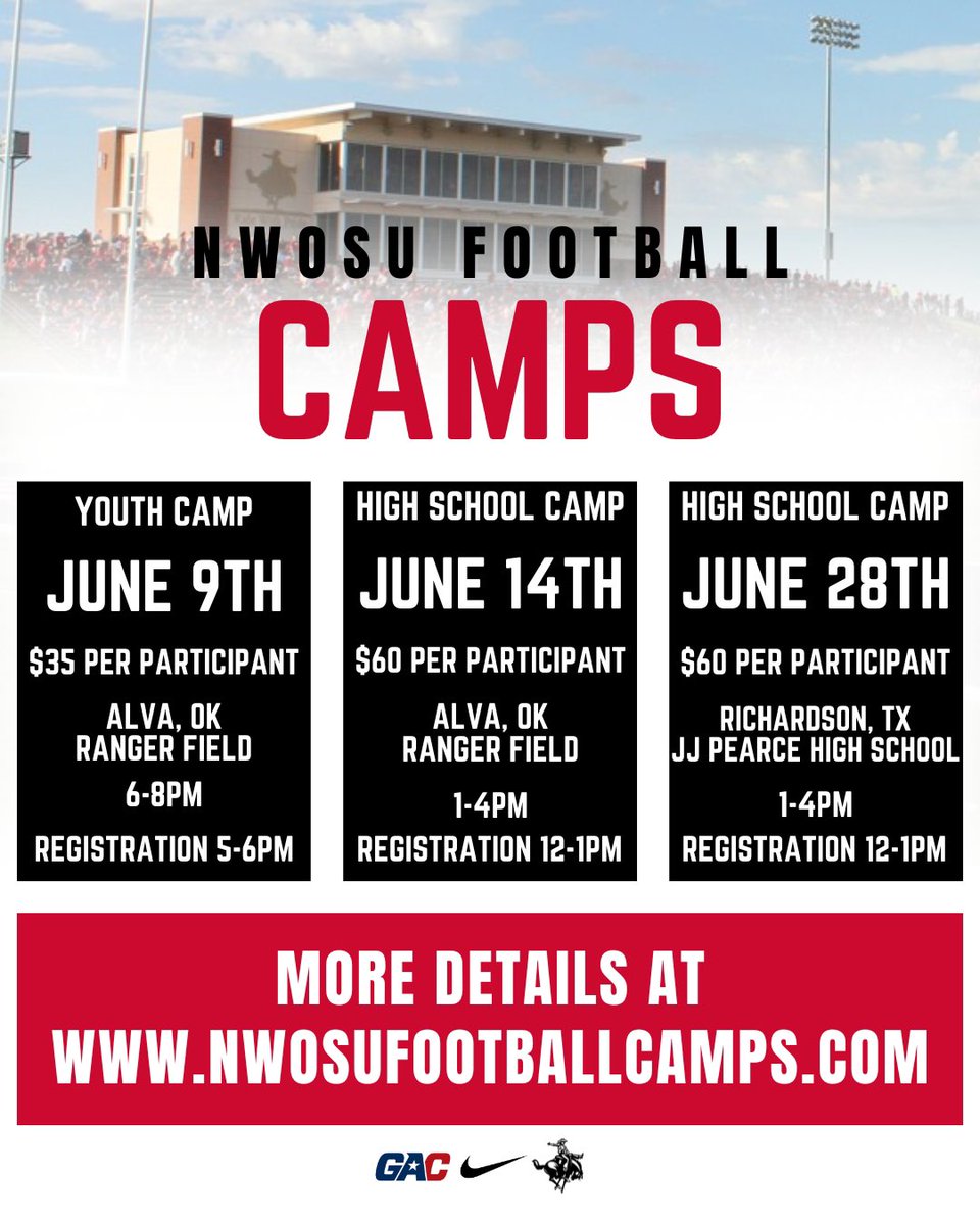 First high school camp in Alva coming up this weekend‼️
Come out and display your talent also a great way to start to build a connection with our staff‼️ 
Come get some work‼️

nwosufootballcamps.com