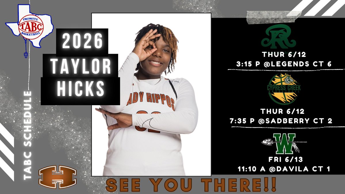 Taylor Hicks (@taylor_hicks_07) on Twitter photo TABC is just days away! Looking forward to competing with my <a href="/LadyHippoHoops/">Lady Hippo Hoops</a> team!
<a href="/SW_Select3SSB/">SWSelect3SSB</a> TABC is just days away! Looking forward to competing with my <a href="/LadyHippoHoops/">Lady Hippo Hoops</a> team!
<a href="/SW_Select3SSB/">SWSelect3SSB</a>