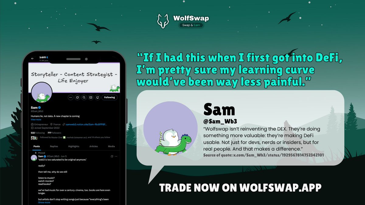 "If I had this when I first got into DeFi, I’m pretty sure my learning curve would’ve been way less painful."

This is <a href="/Sam_Wb3/">Sam</a>'s experience with WolfSwap, what is yours? 🐺