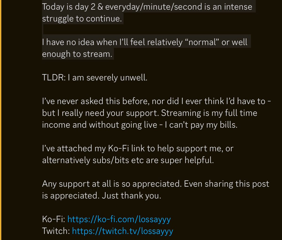 I need help. Never in a million years did I anticipate what I’m going through &amp; I’m really struggling. Please please read. 

TW: INTENSE Mental Health Issues

Ko-Fi: ko-fi.com/lossayyy
Twitch: twitch.tv/lossayyy