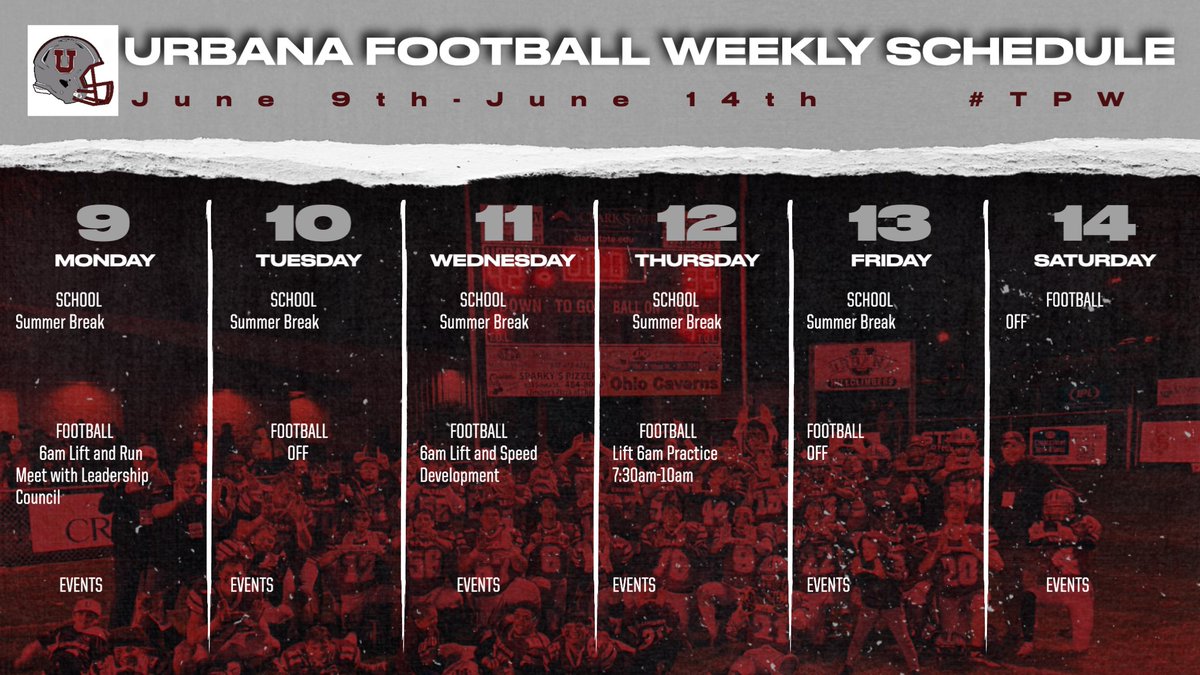 Schedule for the week. Already week 2 of the summer. Time to go to work. #TPW