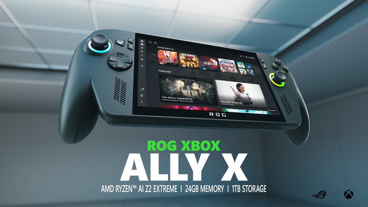 The ROG Xbox Ally X is shown floating in a sleek and minimalist setting. The Xbox and ROG logos are shown above. Underneath text reads: "ROG XBOX ALLY X. AMD Ryzen AI Z2 Extreme | 24GB Memory | 1TB Storage"