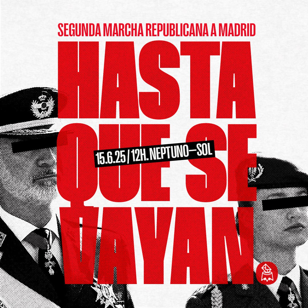 A solo una semana de la #MarchaRepublicana2025 
Nos vemos el próximo 15JUN a las 12h en Neptuno, #Madrid 
#hastaquesevayan 
#pazyrepública15J
