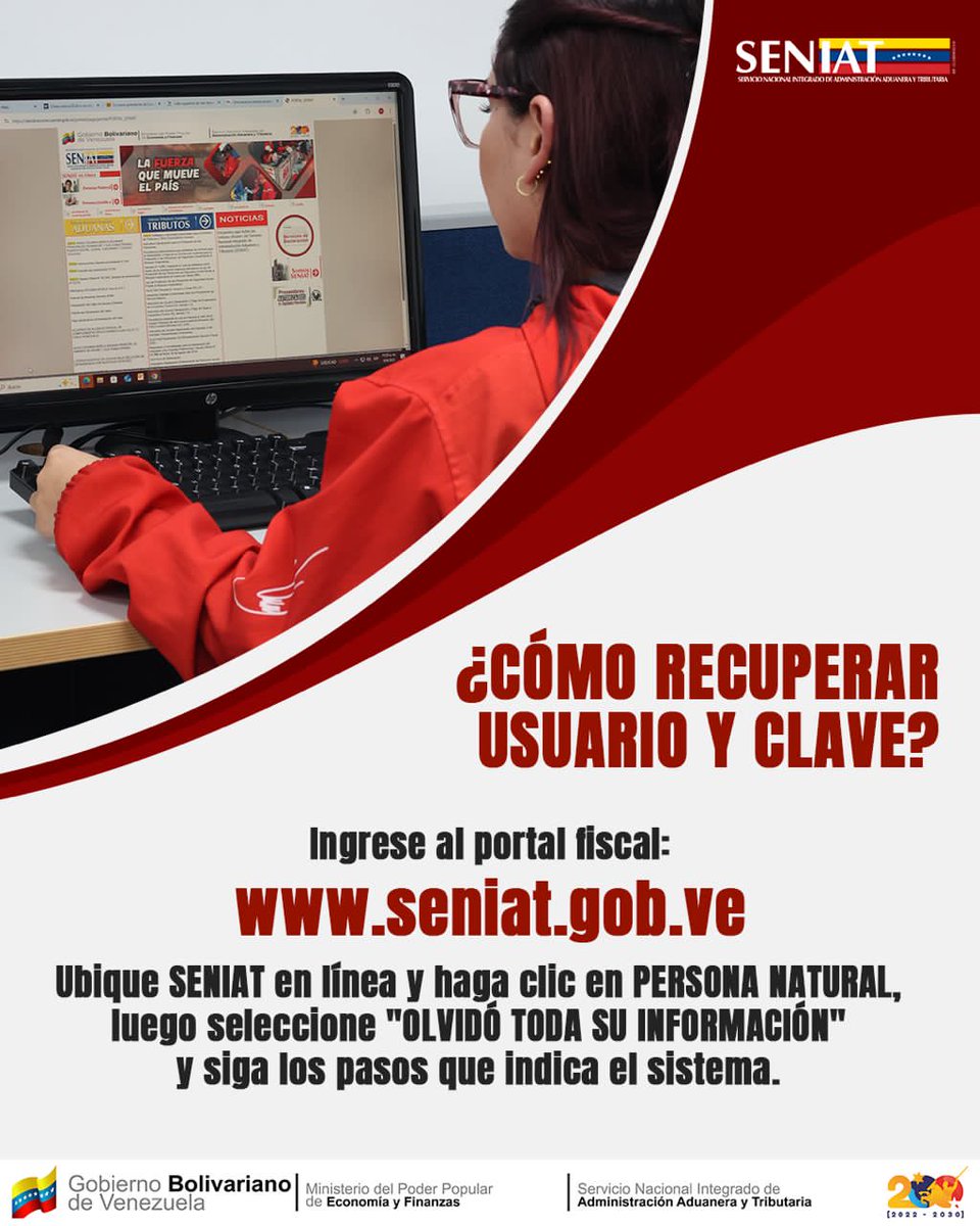 ¡El acceso a los servicios del SENIAT siempre está a tu alcance! 

Sabemos lo importante que es tener tus gestiones al día, por eso te facilitamos los pasos para recuperar tu usuario y clave de forma rápida y segura. ¡Tu comodidad es nuestra prioridad!

#SENIAT #TrámitesEnLínea