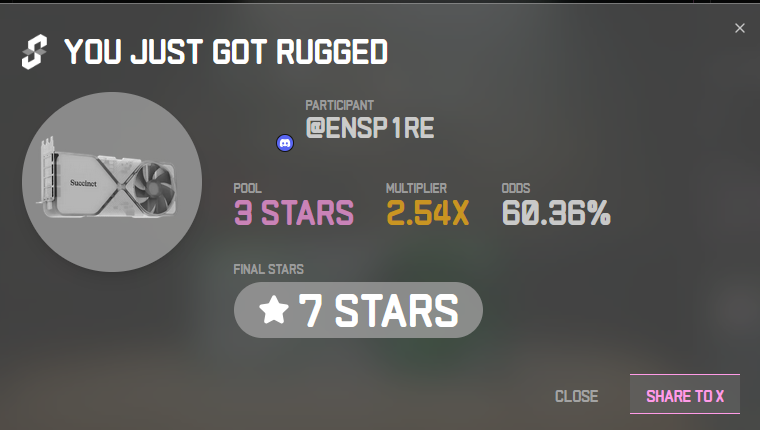 The biggest rug at <a href="/SuccinctLabs/">Succinct</a> Stage 2.

Not the first... But definitely the biggest. If I can't win the game, I'll at least set the record for the most brutal bid in Stage 2.

What's the worst one you've had so far? 👇