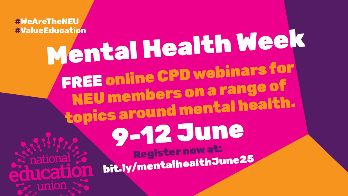 📢Mental health-themed week.

A series of free webinars for NEU members about mental health, covering a range of topics and providing strategies to support in the classroom.

📅9-12 June
✍️Register here 👉 bit.ly/mentalhealthJu…

Sign up to access recordings for sessions.