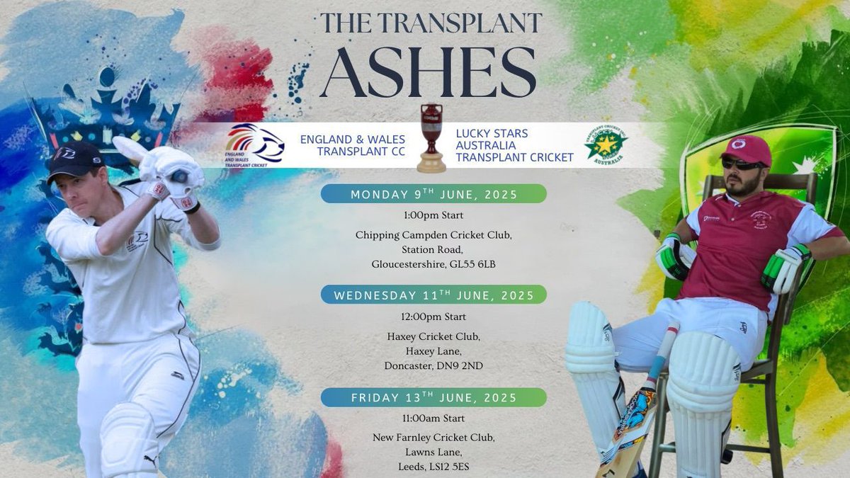 🏏England and Wales Transplant Cricket🏏 (@etransplantc) on Twitter photo Just in case I haven't advertised enough. 😁 Tomorrow is the start of the transplant Ashes ⚱️
Please share this far and wide and tag who may be interested.
<a href="/gregjames/">Greg James</a> <a href="/GeorgeDobell1/">George Dobell</a> <a href="/GeorgieHeath27/">Georgie Heath🎙️</a> <a href="/cswift3110/">Charlotte Swift</a> <a href="/TheMetronomesCC/">The Metronomes CC</a> <a href="/WG_RumblePants/">WG RumblePants</a> <a href="/TheMiddleStump/">Dan Whiting</a> <a href="/daniel86cricket/">Daniel Alexander</a> Just in case I haven't advertised enough. 😁 Tomorrow is the start of the transplant Ashes ⚱️
Please share this far and wide and tag who may be interested.
<a href="/gregjames/">Greg James</a> <a href="/GeorgeDobell1/">George Dobell</a> <a href="/GeorgieHeath27/">Georgie Heath🎙️</a> <a href="/cswift3110/">Charlotte Swift</a> <a href="/TheMetronomesCC/">The Metronomes CC</a> <a href="/WG_RumblePants/">WG RumblePants</a> <a href="/TheMiddleStump/">Dan Whiting</a> <a href="/daniel86cricket/">Daniel Alexander</a>