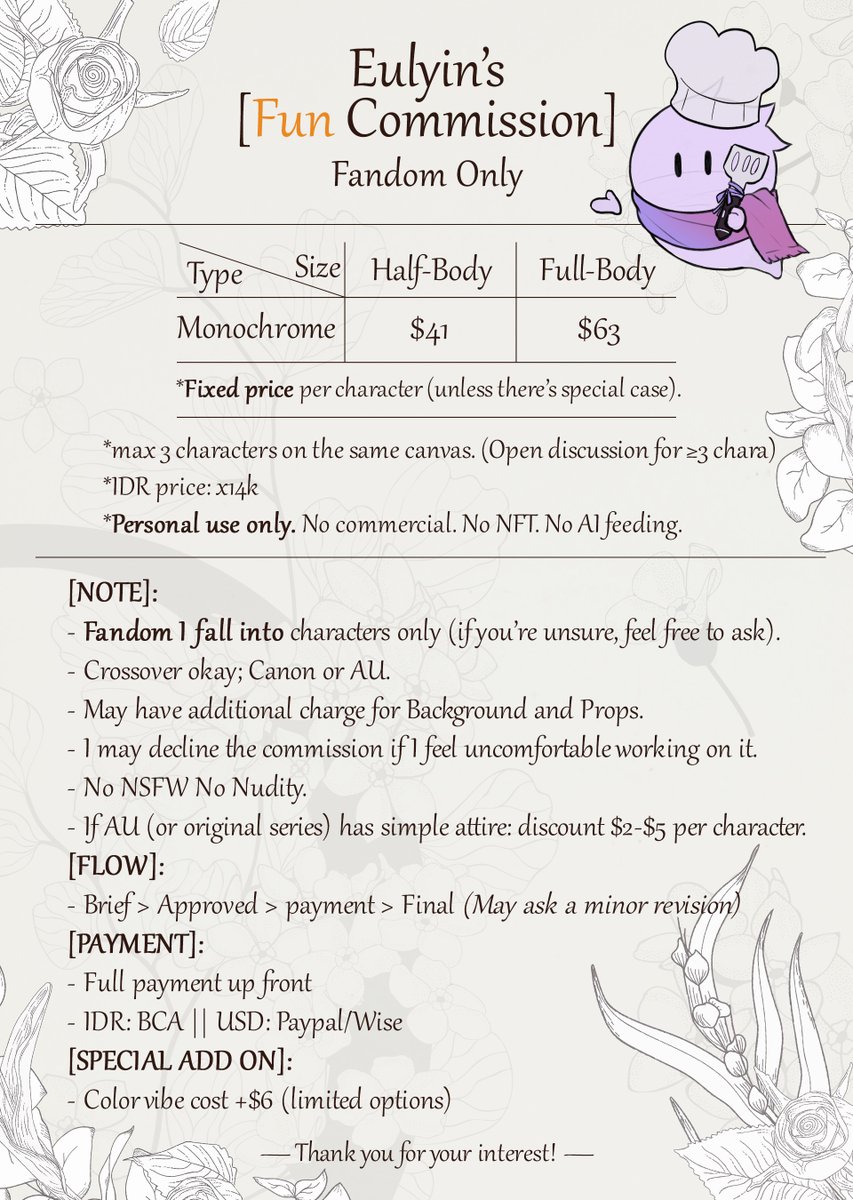 Hi~
Opening again my fun cmmsn service!
Feel free to contact me (DM or email)
I've also attached the Gform if you prefer that one too owo)b✨
Slots: 5