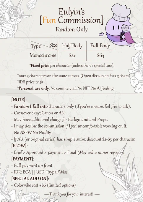 Hi~
Opening again my fun cmmsn service!
Feel free to contact me (DM or email)
I've also attached the Gform if you prefer that one too owo)b✨

Slots: 5 