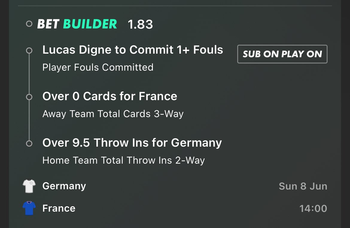 Value Bet for Germany vs France 🌟

Digne will also have to mark Kimmich today, he’s won a foul in 8/8 games for Germany.

France have been booked in 8/8 games.

Germany average 14.78 throw ins and they’ve had over 9.5 in 8/9 games.

Join the discord link in bio for more 🤝