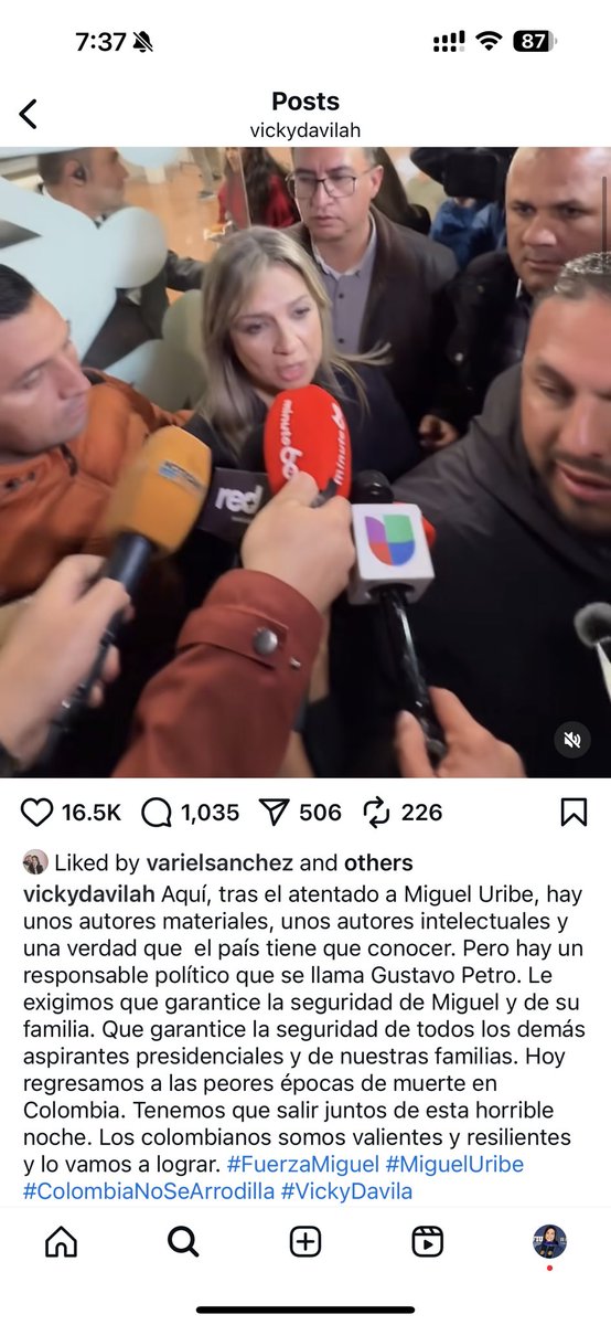 Me disculpan, pero qué ruindad. Hacer de la desgracia de uno, una rueda de prensa propia. Mezcla oraciones, con señalamientos, con campaña, es horrible. 

En Instagram utiliza las publicaciones sobre el atentado para agregar hashtags con su nombre simulando rezos por Miguel