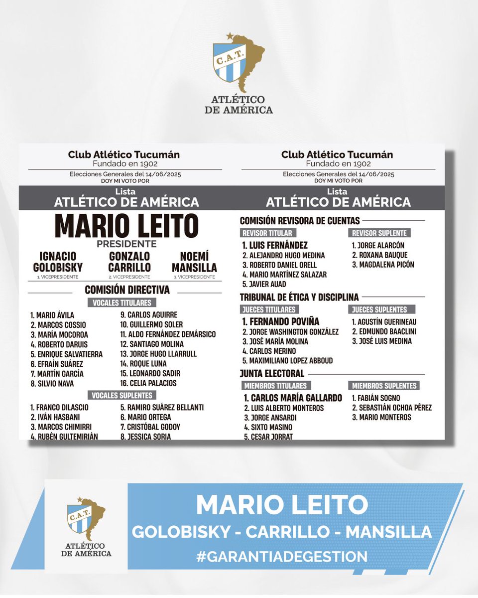 🗳️ ¡Así se elige la #GarantíaDeGestión! | Esta es nuestra lista completa de candidatos para las elecciones del 14 de junio.

✨ Un equipo con la experiencia y la visión que Atlético necesita para seguir consolidando un futuro de éxitos.

#AtléticoDeAmérica #GarantíaDeGestión