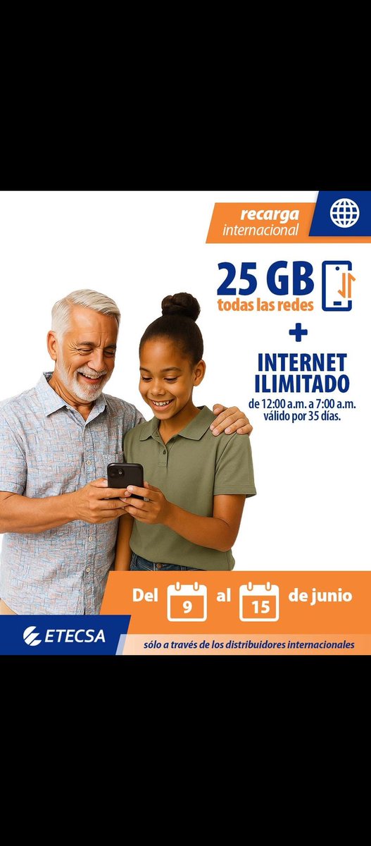 Promoción internacional del 9 al 15 de junio consistente en  25GB + datos ilimitados de 12 am a 7am por 35 días. 
Para más detalles siga el siguiente enlace 👇 
etecsa.cu
#EtecsaConCuba
<a href="/NelsonFR71/">Nelson Francisco Reyes González</a> <a href="/taniavel76/">Tania Velazquez</a> <a href="/ETECSA_Cuba/">ETECSA</a>