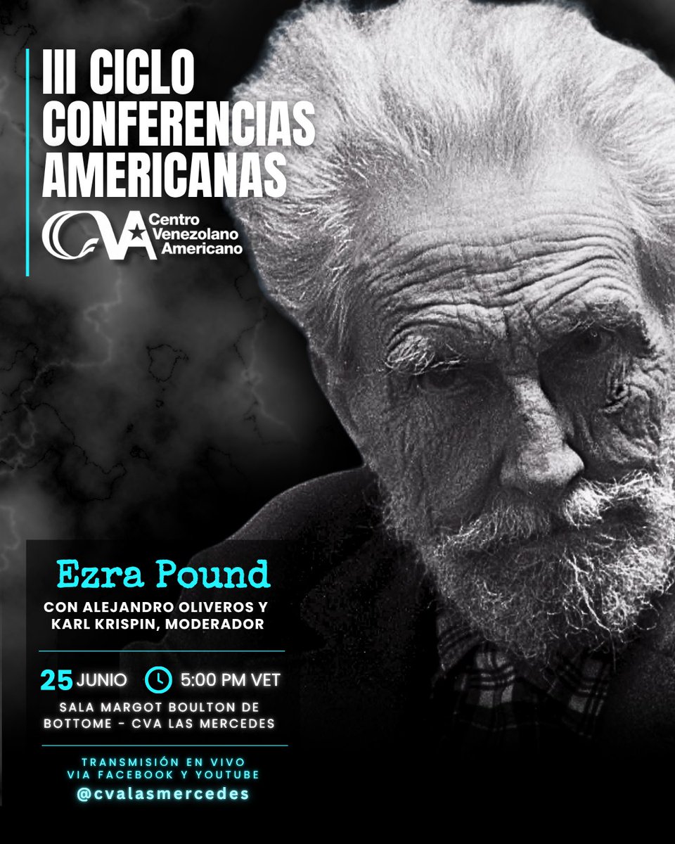 En junio, el profesor Alejandro Oliveros nos obsequia una aproximación a la obra del poeta norteamericano #EzraPound (1885-1972). Es el III Ciclo de Conferencias Americanas: la literatura de los Estados Unidos, desde la mirada de escritores venezolanos. #Gratis #CVALasMercedes
