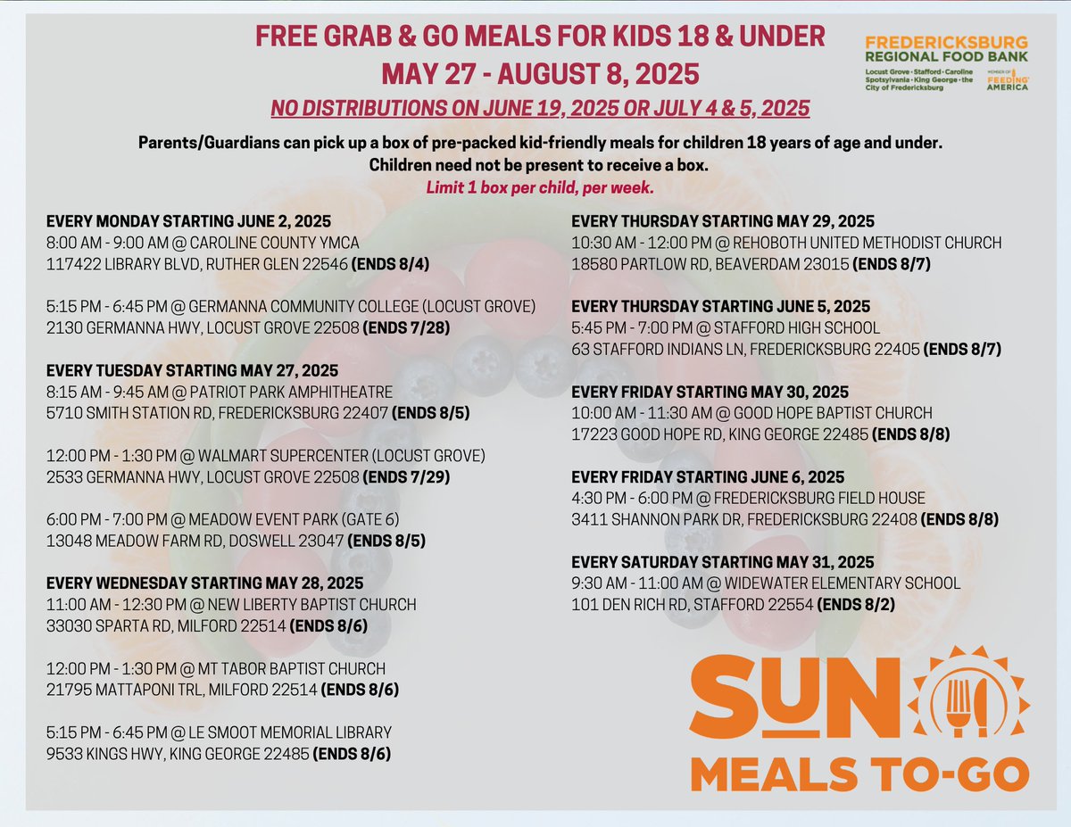 This week's distribution schedule is here! 📅

Get all the details on our Facebook page: pulse.ly/j46kmawr8j or by downloading our free app, FREDFOODVA, on your smartphone. 📱 #FoodForAll #CommunitySupport