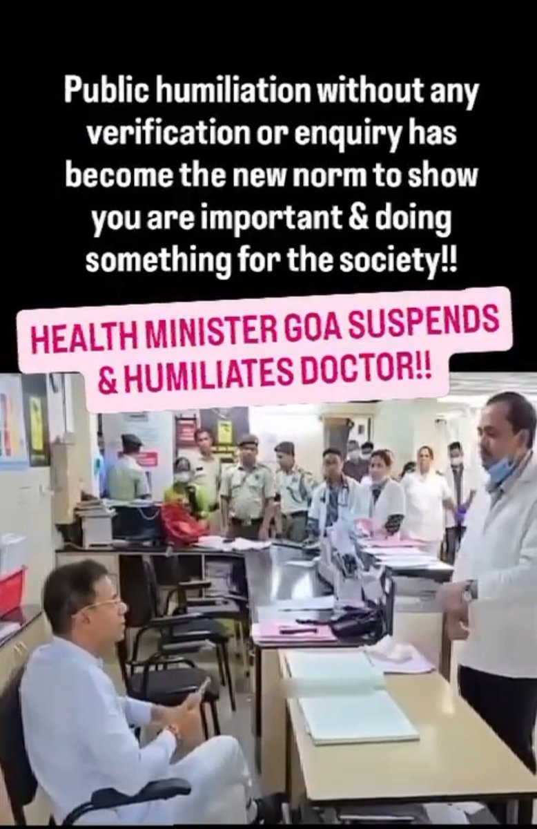 Shameful conduct!
Goa Health Minister Vishwajit Rane's rude, abusive &amp; humiliating behaviour with on-duty CMO Dr. Rudresh at GMC is unacceptable.

Such bullying of doctors can't be tolerated.
He must be sacked immediately! <a href="/PMOIndia/">PMO India</a>
#SackVishwajitRane #StandWithDoctors #GMCGoa
