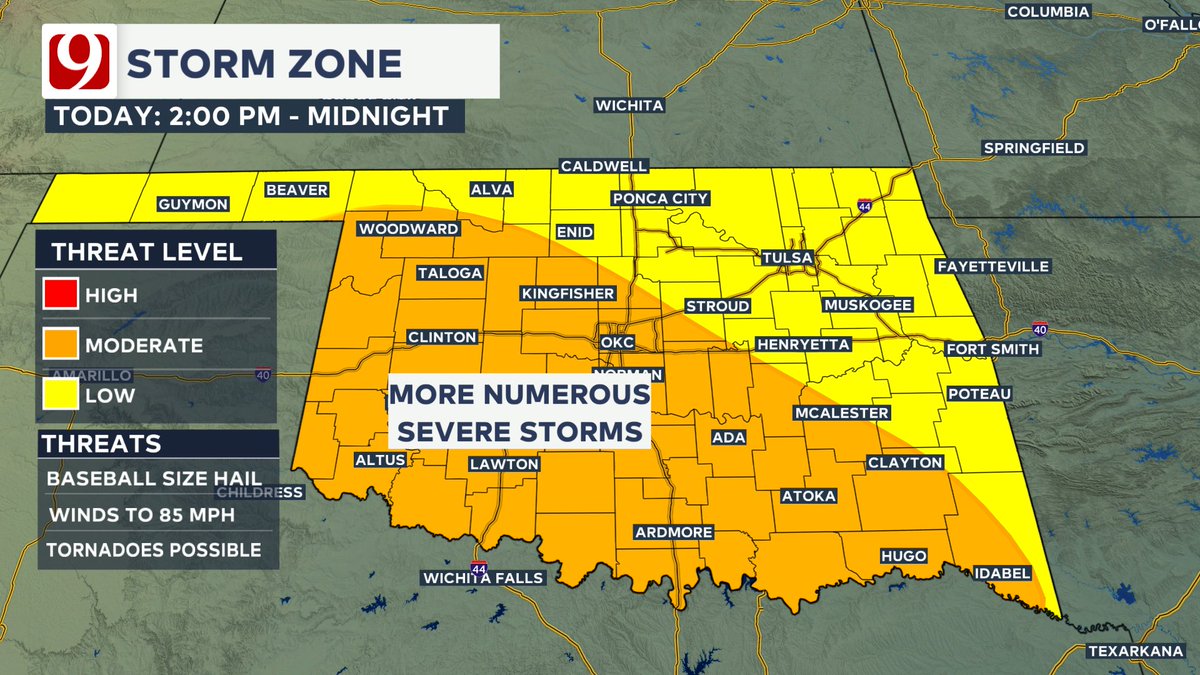 tornadopayne's tweet photo. SEVERE STORMS UPDATE FOR SUNDAY: Severe weather will storm thru the state once again later today: Some these storms will be big and ugly. Some high-end parameters with wind and hail will be at the top of spectrum. Also, a few tornadoes and a flooding threat will be possible. https://t.co/KdG6zUG2AA