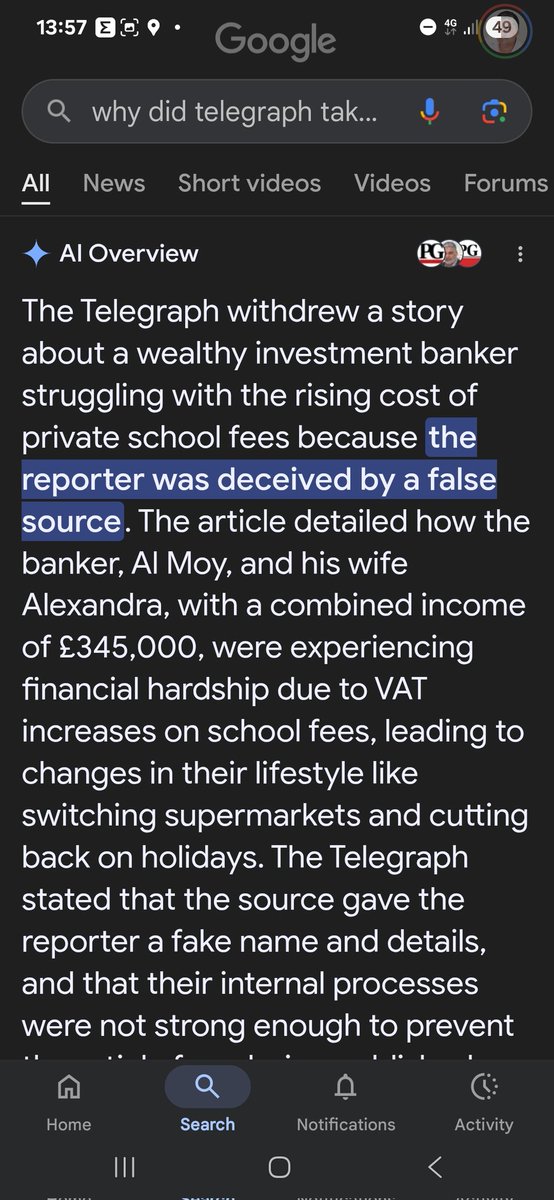 DomPonsford's tweet image. Amazingly detailed Google AI Overview of this paywalled Press Gazette story. This is theft