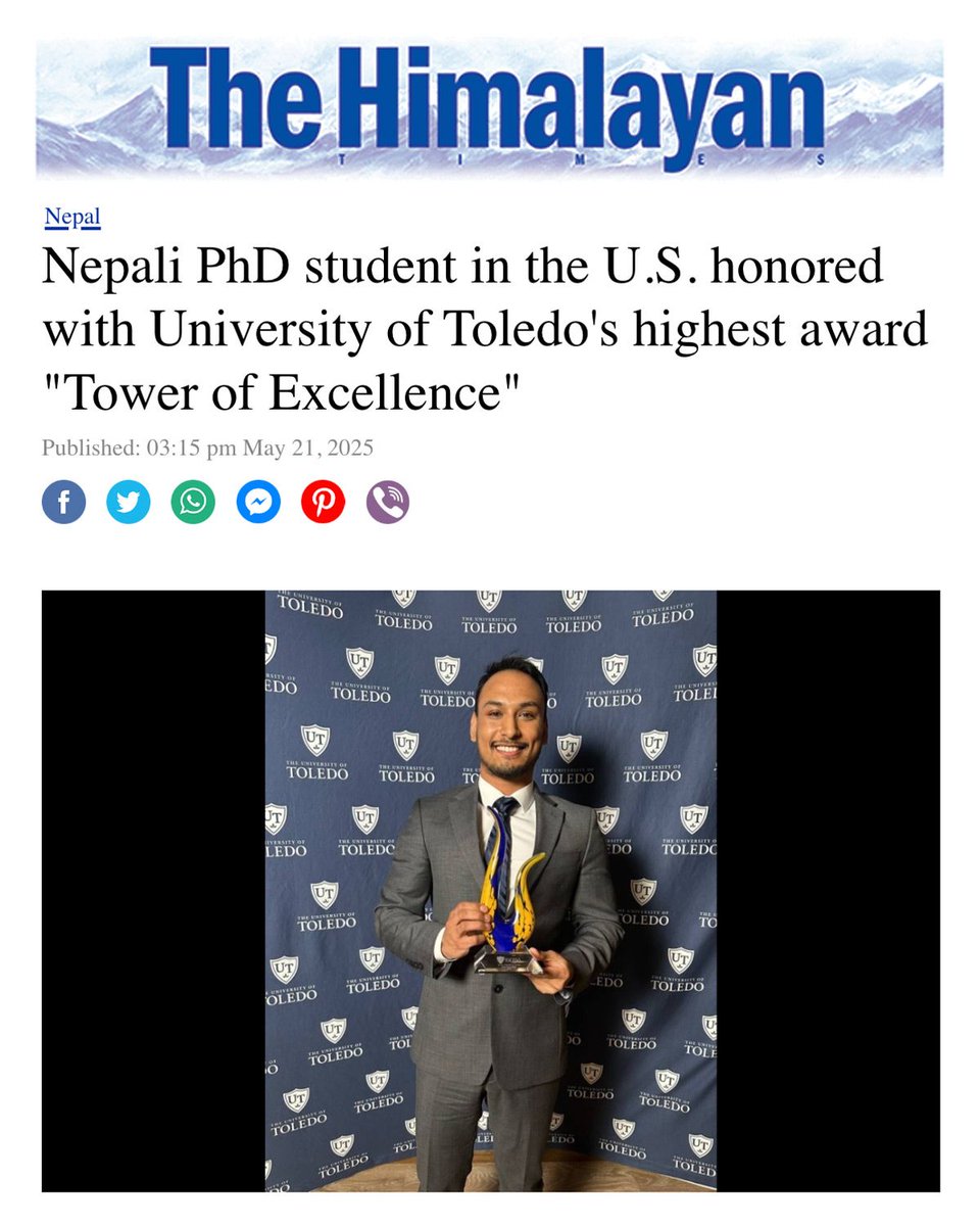 UToledo Medicine (@utoledomed) on Twitter photo Ishan Manandhar, Ph.D. candidate in Molecular Medicine in the Department of Physiology and Pharmacology, was recently profiled in The Himalayan Times (<a href="/thehimalayan/">The Himalayan Times</a>), Nepal's Top English daily newspaper. buff.ly/M2Jfk8y
#UToledoMed Ishan Manandhar, Ph.D. candidate in Molecular Medicine in the Department of Physiology and Pharmacology, was recently profiled in The Himalayan Times (<a href="/thehimalayan/">The Himalayan Times</a>), Nepal's Top English daily newspaper. buff.ly/M2Jfk8y
#UToledoMed
